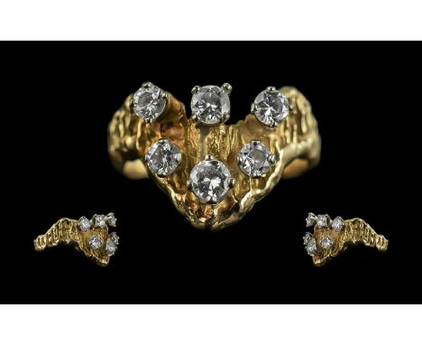 18ct Gold Good Quality Six Stone Diamond Set Ring. Shield Design with Naturalistic Shank. Full Hallmark for 750 to Shank. The