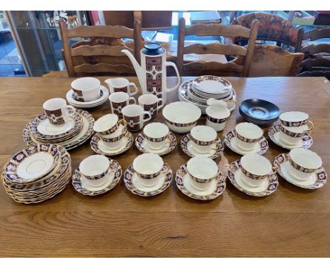 Studio Coffee Set, comprising coffee pot, cream jug, sugar bowl, four coffee cups , together with  a set of Queens China comp