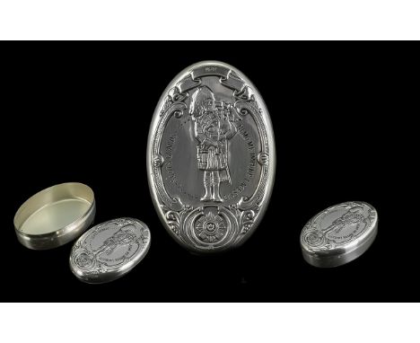 Scots Guards Interest: Solid Silver Pill Box embossed with Scots Guard, a silver pill/ trinket box with lovely detailed Scots