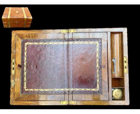 Vintage Ladies Oak Writing Slope, leather lined, two lift up compartments, lidded ink pot, and key. 