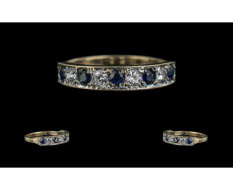 Ladies Attractive Seven Stone 9ct Gold, Diamond And Sapphire Set Ring - Full Hallmark To Shank. The Round Brilliant Cut Diamo