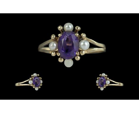 Ladies 18ct Gold Attractive Amethyst and Seed Pearl Set Ring - Marked 18ct to Shank. The Amethyst of Excellent Deep Purple Co