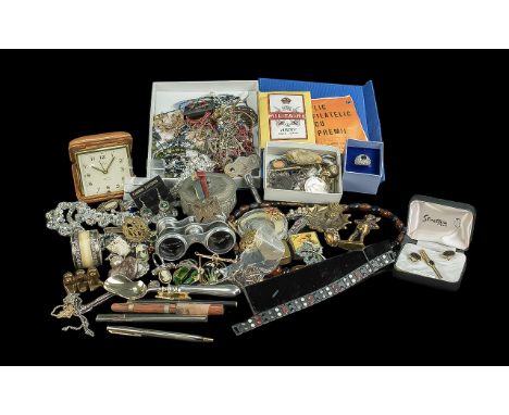 Mixed lot comprising mainly costume jewellery, a few vintage pens, binoculars, metalware, Smiths 8 day alarm clock etc.