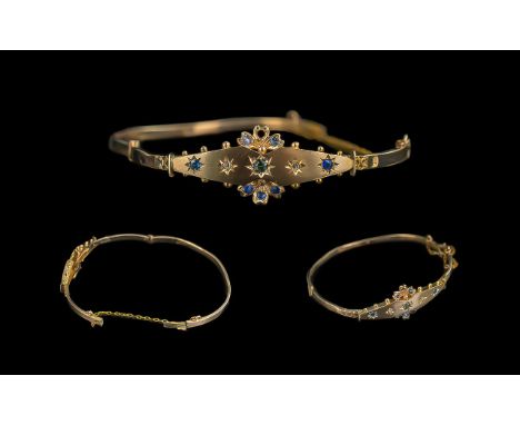 Antique Attractive Ladies 9ct Gold Ornate Bangle, hinged, set with Sapphires and Diamonds.  Marked 9ct with original display 