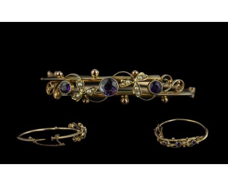 Edwardian Period 1902 - 1910 Superb 9ct Gold Attractive Amethyst and Seed Pearl Set Open Worked Hinged Bangle, With 9ct Gold 