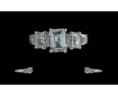 Ladies Attractive 9ct White Gold 3 Stone Aquamarine Set Ring. Full Hallmark to Shank. The Aquamarines of Pale Blue Colour. Ri