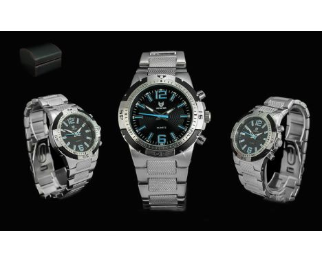 Aviator Sports Gents Stainless Steel - Quartz Wrist Watch. Features Black Ribbed Dial, Luminous Blue Markers, With Box. Very 