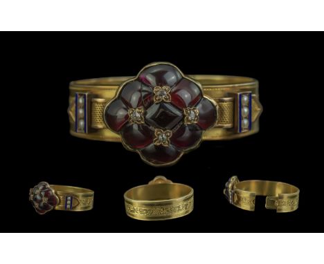 A Mid Victorian Period - Attractive and Superb Ladies 15ct Gold Ornate Cuff Bangle. 1850's. Set to Centre with High Quality S