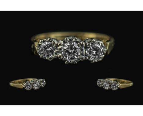 18ct Gold - Excellent 3 Stone Diamond Set Ring, Illusion Set. Full Hallmark to Interior of Shank. The 3 Round Brilliant Cut D