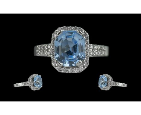 Platinum Ladies Superb Aquamarine and Diamond Set Dress Ring. Marked Platinum to Shank. The Octagonal 8 Sided Aquamarine of E