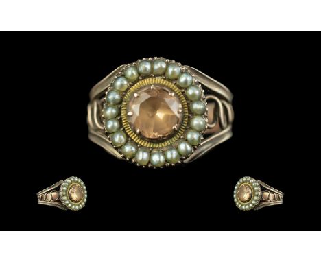 George III 9ct Gold Stone and Seed Pearl Set Dress Ring. Excellent Design, Open worked Shank, Fold Backed. Not Marked but Tes