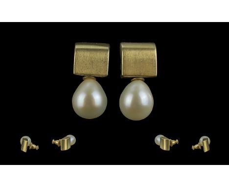 Vintage 9ct Gold &amp; Pearl Stud Earrings from Preston's of Bolton, circa 1970's.  Square shaped gold top with pearl drops b
