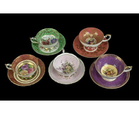 Paragon Bone China Set of 6 Large Tea Cups/Saucers, in assorted colourways of pink, green, amber, purple and red with floral 