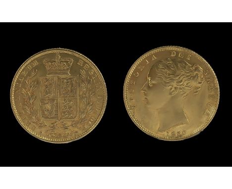 Queen Victoria 22ct Gold Shield Back Young Head Full Sovereign - Date 1852. Grade - Good / Very Fine, Toned with Some Light N