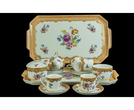 Elios Hand Painted Cabaret Tea Set, comprising six cups and saucers, a lidded sugar bowl and a further bowl, and two oblong t