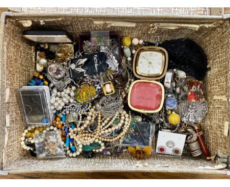 Box of Costume Jewellery, comprising brooches, earrings, crystal set necklaces, beads, pearls, bracelets, travel clock, beade