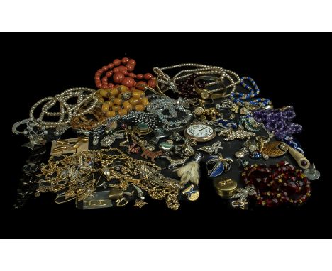Collection of Vintage Costume Jewellery, comprising brooches,  pearls, bangles, beads, watches, etc. Plus a collection of gol