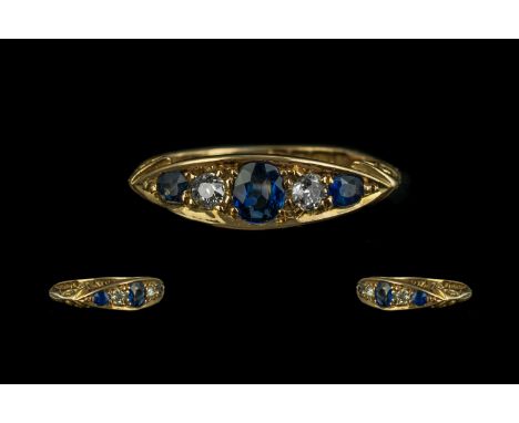 Edwardian Period - Attractive 18ct Gold Five Stone Diamond and Blue Sapphire Set Dress Ring. Full Hallmark to Interior of Sha