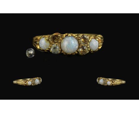 Antique Period Ladies 9ct Gold Attractive Opal and Diamond Set Ring, fancy gallery setting, marked 375 to interior of shank; 