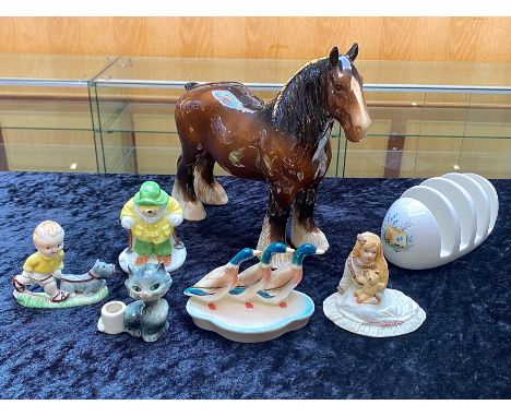 Beswick Shire Horse, approx 8.5'' tall x 11'' wide, gloss brown finish, in excellent condition.  Together with Coalport skiin