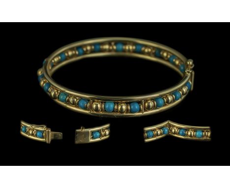 Ladies 14ct Gold Attractive Turquoise Stone Set Hinged Bangle. Marked 14ct. Excellent Quality and Condition, Pleasing Design 