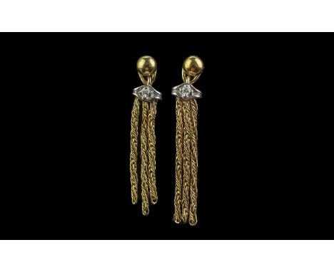 9ct Gold &amp; Diamond Vintage Tassel Earrings, from Preston's of Bolton.  Each earring has three strand drops set below a di