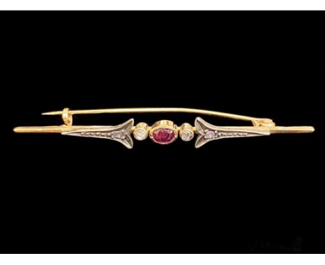 9ct Gold Victorian Bar Brooch, set with central oval red stone with two rose cut diamonds either side, and decorative trumpet