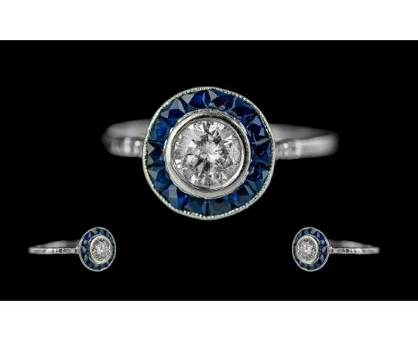 Art Deco Period Ladies - 18ct White Gold Elegant Diamond and Sapphire Set Dress Ring. Marked 18ct to Interior of Shank. The C