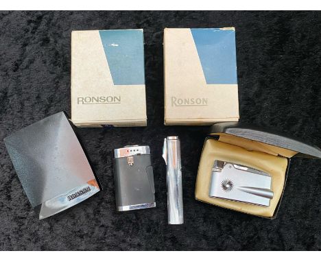 Collection of Vintage Ronson Lighters, comprising a Ronson Adonis VA224 boxed Chromium Engine Turned Lighter, a Ronson Sports
