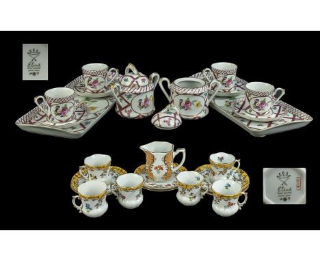 Elias Cabaret Set, comprising four cups and saucers, two lidded sugar bowls and two porcelain trays, in a delicate pink and g
