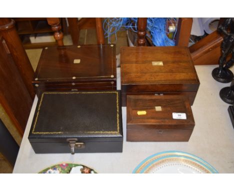 A mother of pearl inlaid sewing box; two other mother of pearl inlaid trinket boxes; and a jewellery box 