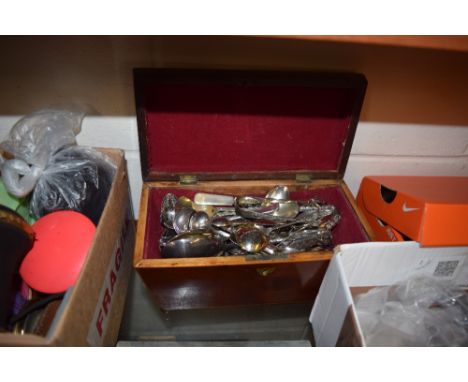 19th Century sarcophagus tea caddy with contents of various silver plated cutlery 