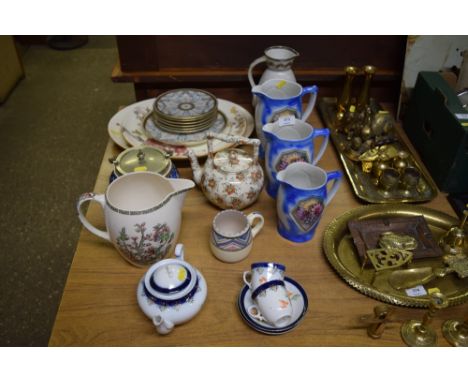 A graduated set of three floral decorated jugs, biscuit barrel, tea pot, various other decorative china to include Royal Worc