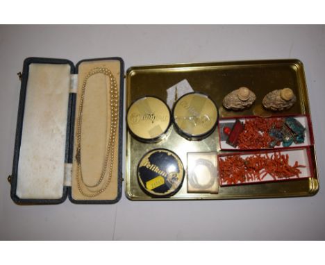Two coral necklaces; a collection of jet beads; cultured pearl necklace; two snuff bottles; and other jewellery 