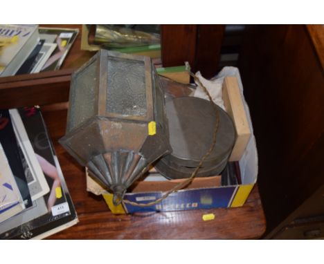 A box containing light fitting; artist and craft related items; two sheets of white metal etc. 