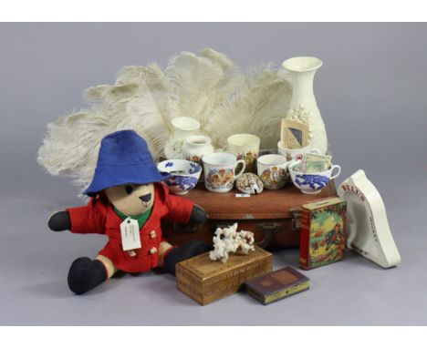 Two ladies’ fans; a treen trinket box; various items of commemorative china; a Paddington bear soft toy; &amp; sundry other i