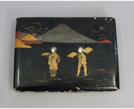 A vintage Japanese small black lacquered photograph album, 5¾” x 7¾”, containing twenty-two coloured photographs (spine defec