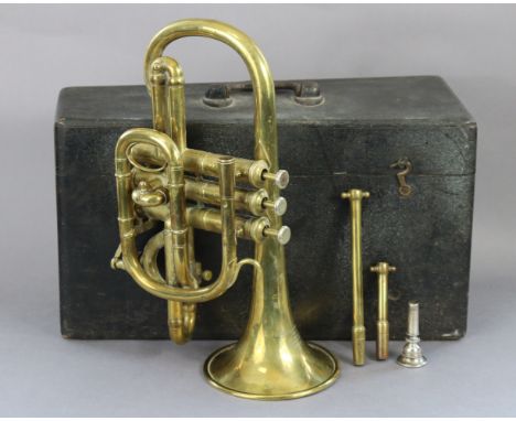 A vintage Henry Keat &amp; Son’s of London brass cornet, 12¼” long, in an    ebonised painted wooden case. 