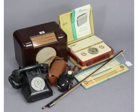 A Bush valve radio in a brown bakelite case (Type D. A. C. 90A); together with a Ferguson portable radio; a vintage telephone