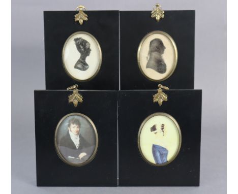 Two facsimilie portrait miniatures, &amp; two ditto silhouettes, all framed. 
