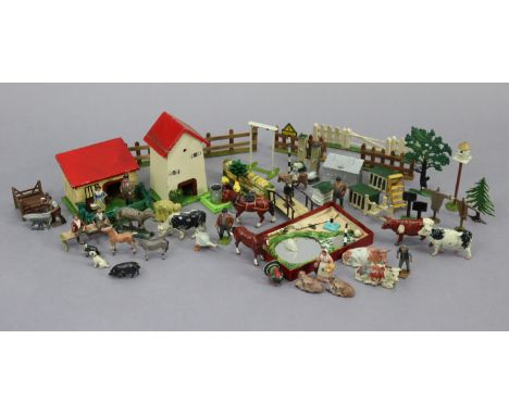 Various vintage painted lead &amp; wooden farm yard models &amp; animal figures. 