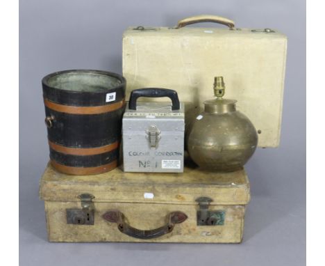 A coopered oak &amp; copper-bound waste-paper bin (made from British battleships), 9¼” high; together with two pigskin suitca