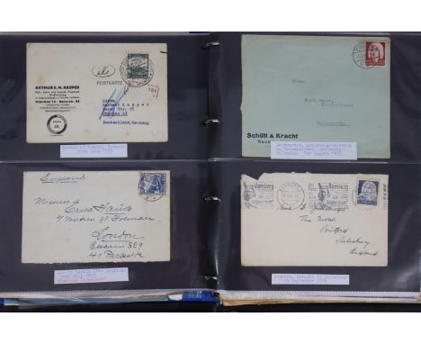 An interesting collection of postal covers, postcards, etc., in two ring-binder albums, the first containing foreign examples