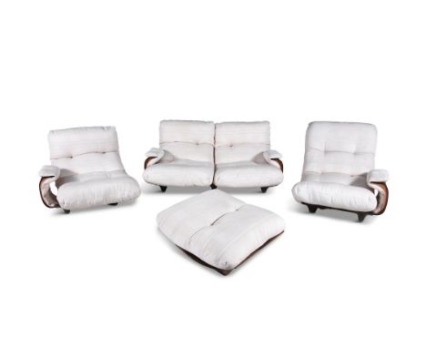 LIGNE ROSETA vintage Marsala lounge sofa by Michel Ducaroy, two seater settee, a pair of matching chairs and a matching pouff