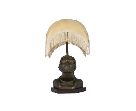 TABLE LAMPA brass and ceramic table lamp on a timber base. 64cm(h)