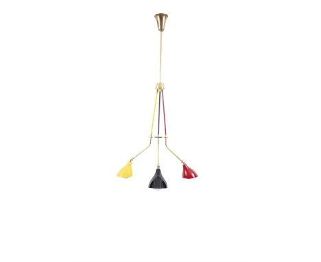 CEILING LIGHT A brass and enamel ceiling light with 3 heads. Italy, c.1960. 95cm(h)