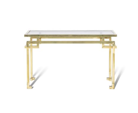 CONSOLE A gilt metal console table with glass top. Italy, c.1960. 120 x 35 x 72cm(h)