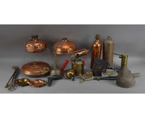 An assorted collection of antique household items ad  tools, including three copper warming pans, a brass flask, 29cm high, a