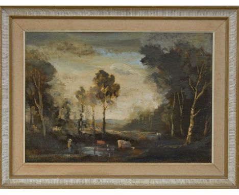 Attributed to Philip Hugh Padwick (English 1876-1958), Sussex Landscape, Evening Light, oil on board, gallery label to verso,