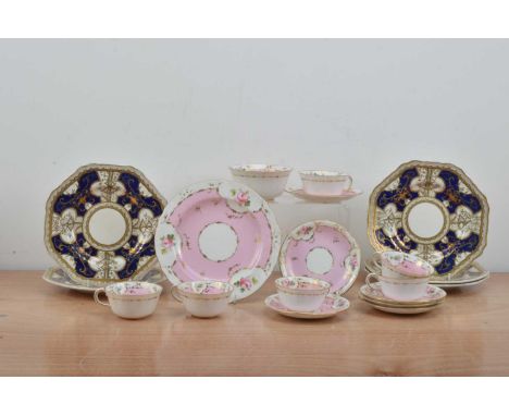 A Royal Crown Derby part dessert service, pink and floral design with heightened gilt, comprising a serving plate, sugar bowl